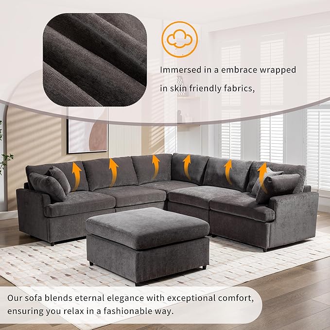 Merax 6-Seater Modern Large U-Shape Sectional Sofa, with Removable Ottomans for Living Room,Gray