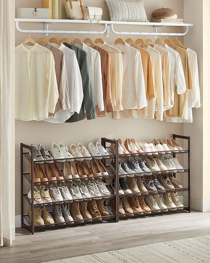SONGMICS Shoe Rack, 8-Tier Shoe Organizer, Metal Rack for Garage, Set of 2, 4-Tier Stackable Shelf, with Adjustable Flat or Angled Shelves, 32-40 Pairs, Bronze ULMR08A