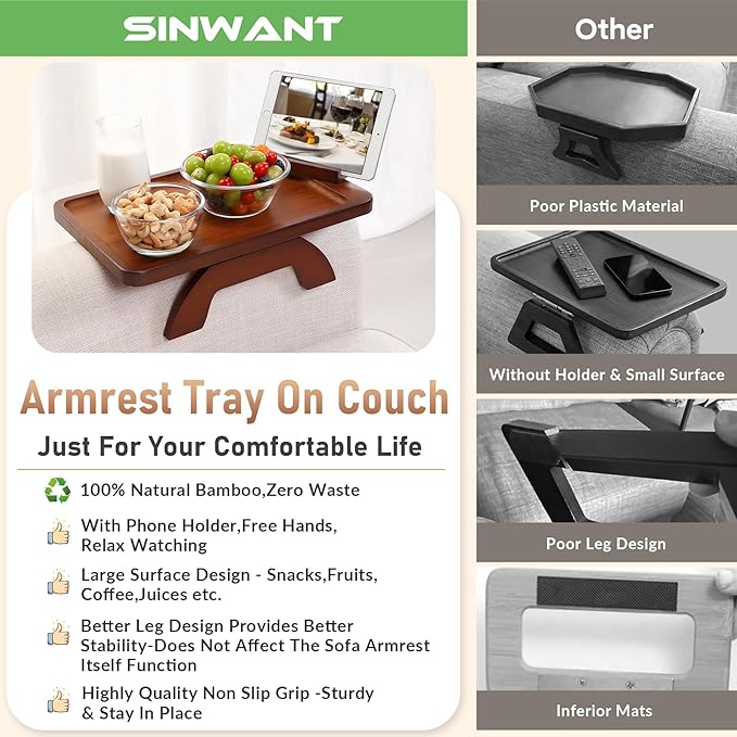 SINWANT Couch Arm Tray, Bamboo Couch Arm Table with 360° Rotating Phone Holder,Sofa Armrest Tray for Eating,Drinks,Snacks, Remote Control