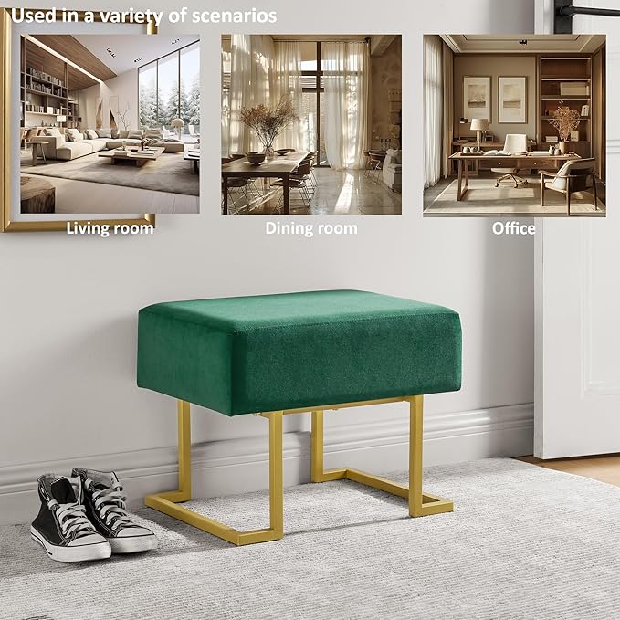 Modern Style Bedroom Single Seat Bench, Cushioned Bed end Stool, Living Room Sofa Stool, Footstool with Golden Iron Legs, Suitable for Bedroom and Living Room (Dark Green, 21.65"x15.74"X16.53")