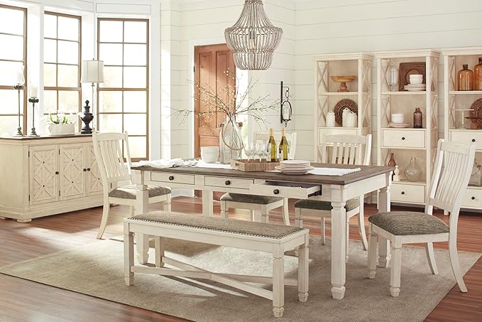 Signature Design by Ashley Bolanburg Farmhouse Dining Table with Drawers, Seats up to 6, Whitewash