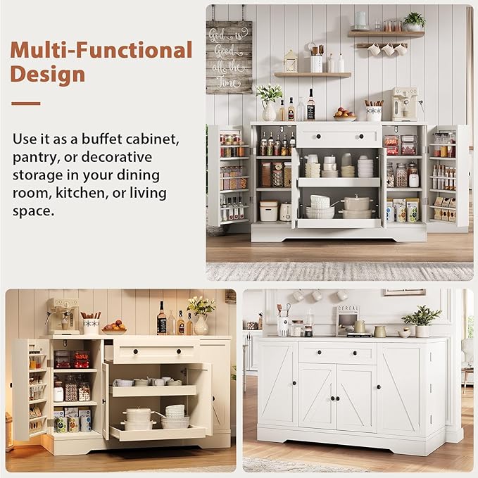 55" Buffet Cabinet with Storage, Kitchen Buffet Sideboard with Pull-Out Shelves and Drawer, Wood Farmhouse Coffee Bar Cabinet with 4 Adjustable Shelves, Kitchen Pantry for Living Room, White