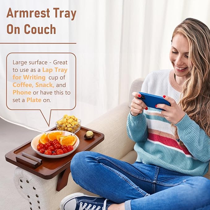 SINWANT Couch Arm Tray, Bamboo Couch Arm Table with 360° Rotating Phone Holder,Sofa Armrest Tray for Eating,Drinks,Snacks, Remote Control