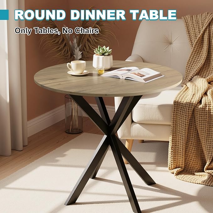 31.5" Round Dining Table for 4, Modern Small Dinner Table Farmhouse Round Kitchen Tables with Metal Legs for Dining Room, Kitchen, Living Room, Rustic Brown & Black