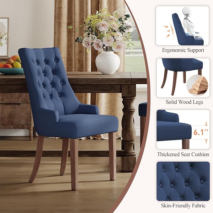 COLAMY Wingback Upholstered Dining Chairs Set of 4, Fabric Dining Room Chairs with Tufted Button, Living Room Chairs for Home Kitchen, Blue