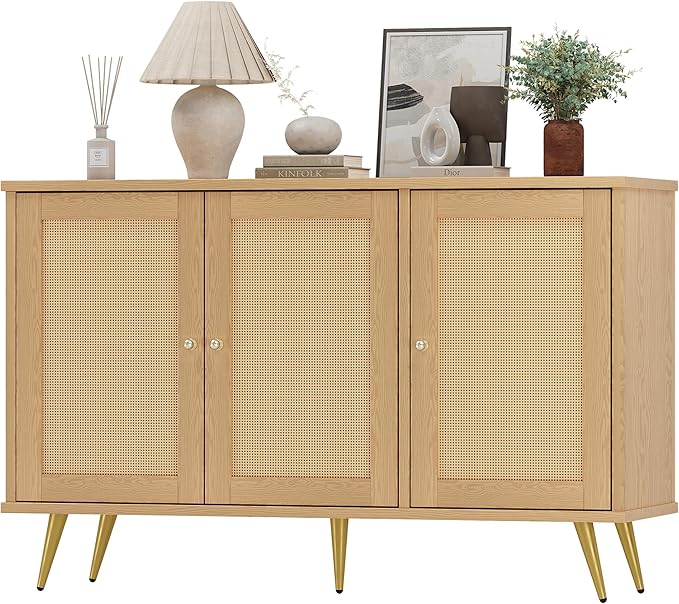 Shintenchi Large Rattan Storage Cabinet, Modern Sideboard Cabinet, Accent Large Storage Space Cabinet with Rattan Decorated Doors for Living Room, Dining Room