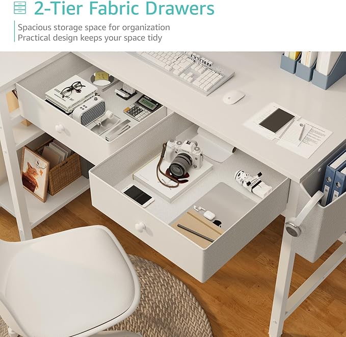 DLisiting Small White L Shaped Desk with Drawers & Storage Shelves, 40 Inch Corner Desk with Power Outlet for Small Space Home Office, Study Work PC Desks for Bedroom