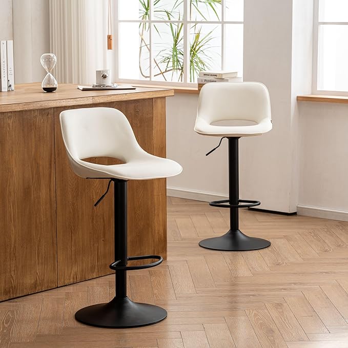 YOUNIKE Bar Stools Set of 2, Adjustable Counter Height Barstools Faux Leather Upholstered Counter Stools with Hollow Back for Kitchen Island, Warm White