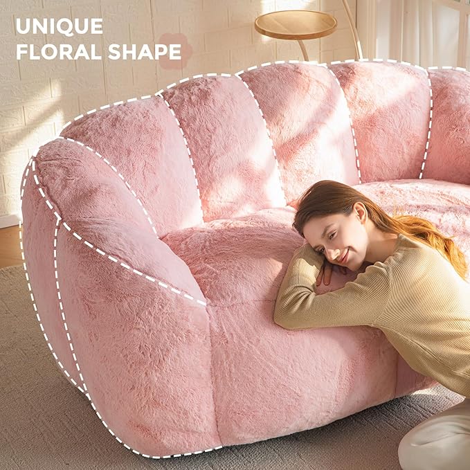 MAXYOYO Bean Bag Chair for Adults, Loveseat Floral Shaped Bean Bag Sofa, Ultra Soft Love Seat Mini Sofa Couch, Faux Fur Reading Chair for Living Room Bedroom, Pink
