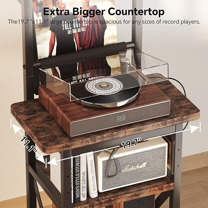 Record Player Stand with Power Outlet, 6 Tier Vinyl Record Display Shelf, Record Player Table with album storage up to 200 Albums, Console Organizer Display Shelf, Gifts for Music Lovers
