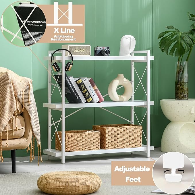 HCHQHS Bookshelf, 3-Tier Industrial Bookcase, White Open Book Shelf, Freestanding Horizontal Bookshelves with Metal Frame