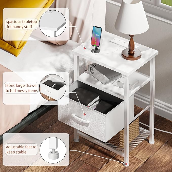 Nightstands Set of 2 with Charging Station and Drawer, End Table Bedside Table with 20 Colors LED Light Strip and 2 Layers Shelf for Bedroom Living Room Sofa Couch (White)