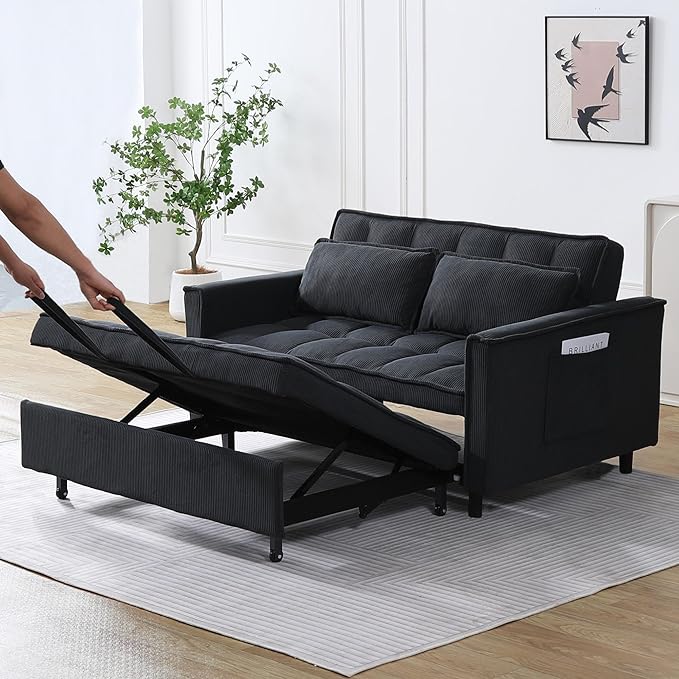 Ball & Cast Convertible Sleeper Sofa Bed,Convertible Pull Out Couch with 2 Pillows,Adjustable Backrest & Side Pocket,Loveseat Futon Sofa Bed for Living Room,Apartment,Corduroy Fabric,Dark Gray,54"
