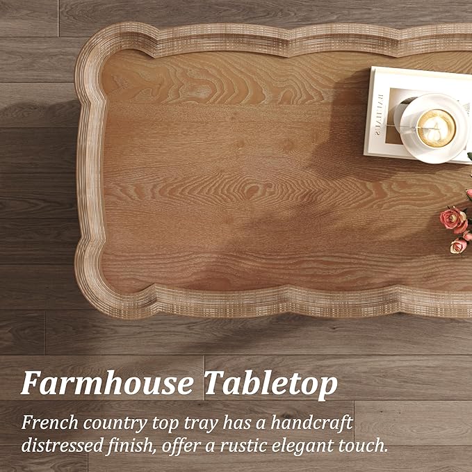 Function Home Farmhouse Coffee Table, Rustic White French Country Center Table with Storage Shelf, Wood Coffee Tables for Living Room Dining Room, Natural Tray Top and Vintage White Spindle Legs