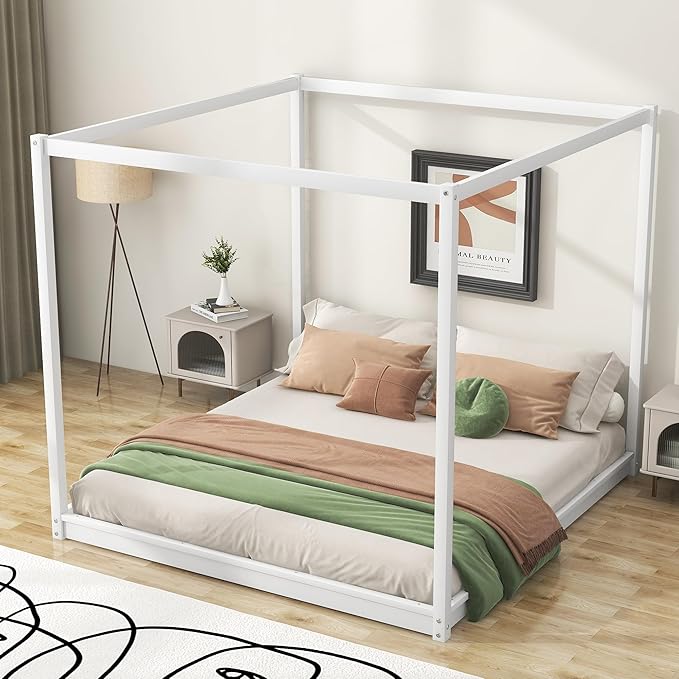 King Size Canopy Platform Bed with Support Legs,Solid Wood Bed Frame,4-Post Canopy-Platform-Bed for Kids Teens Adults, No Box Spring Needed,White