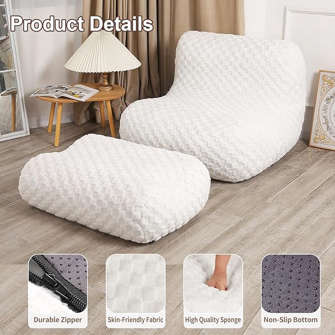 Bean Bag Chair with Footstool, Comfy Reading Sofa Chair for Adults, Modern Floor Sofa for Livingroom, Bedroom, Cream