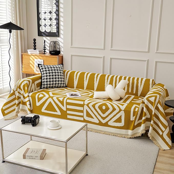 STACYPIK Boho Ginger Yellow Couch Cover, Reversible Sofa Cover L Shaped, Pets Protector for 2 Cushion Couch, Anti Slip Loveseat Sofa Cover Pet Friendly, Washable Jacquard Couch Cover Blankets-71X118IN