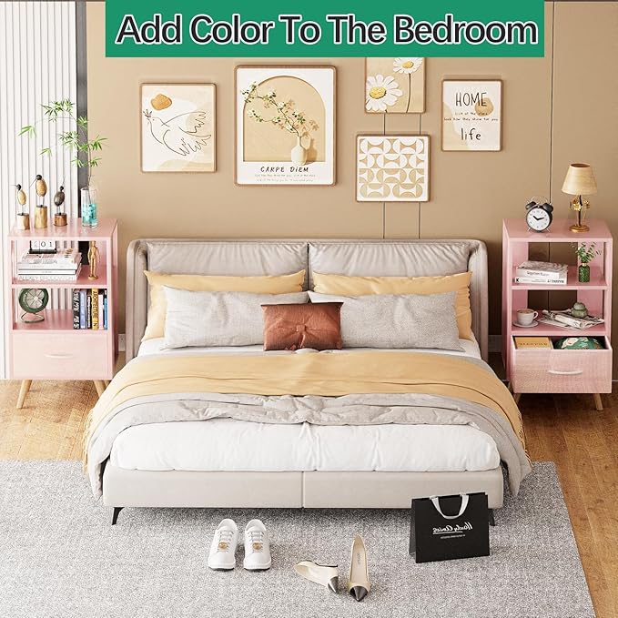 Night Stand, Pink Kids Nightstand with Drawer, Nursery Side Table with Open Storage, 3-Tier Modern End Table, Bedside Table for Small Space, Living Room, Bedroom