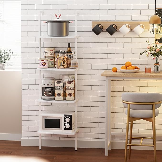 Ladder Shelf 4 Tiers Metal Industrial Bookshelf,White Wooden Tall Open Storage Rack and Display Shelves,Wall Mount Wide Bookcase for Home Office Bedroom,Small