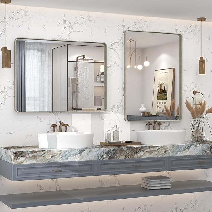 24x32 Inch Brushed Nickel Bathroom Mirror, Rounded Rectangle Silver Metal Frame Mirror, Silver Bathroom Vanity Mirror, Anti-Rust, Hangs Horizontally or Vertically