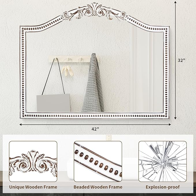 32x42 Inch Ornate Wooden Arched Wall Mirror, Rustic Farmhouse Decorative Wide Mirrors for Fireplace, Living Room, Bedroom, Entryway, Bathroom Over Sink