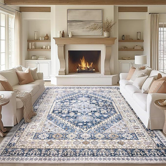 zesthome 7x9 Area Rug, Super Soft Washable Rugs for Living Room, Non-Slip Stain Resistant Vintage Rugs, Ultra-Thin Large Area Rugs (Blue/Beige,7'x9')