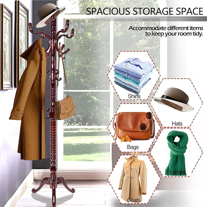 Coat Racks Free Standing with 14 Hooks, Natural Wood Coat Stands for Entryway, Adjustable Height 73 in Tree Coat Rack Stand for Hallway Home Office Bedroom (Mahogany triangle)