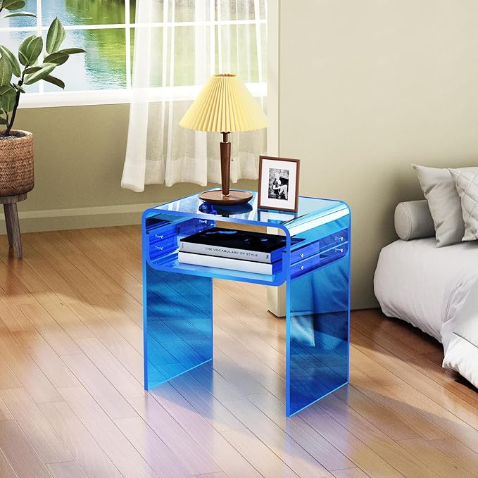 Clear Acrylic End Table 2-Tier Bedside nightstand for Living Room Bedroom Home Decor (Blue)