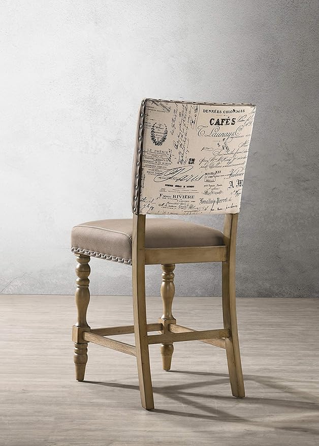 Roundhill Furniture Birmingham Script Printed Driftwood Finish Counter Height Dining Chair with Nail Head, Set of 2
