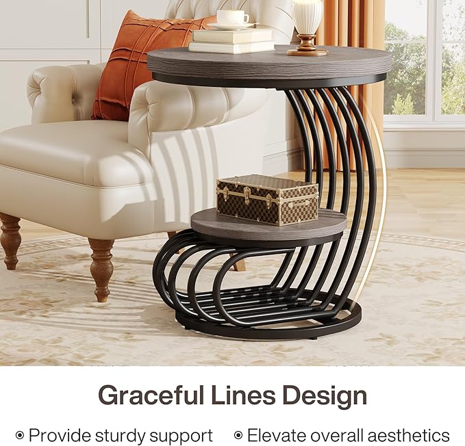 Tribesigns Round End Table: 2 Tiers Wood Side Table with Storage Shelf, Rustic Gray Bedside Nightstand, Metal Arc-Shaped Frame Accent Table for Living Room, Bedroom
