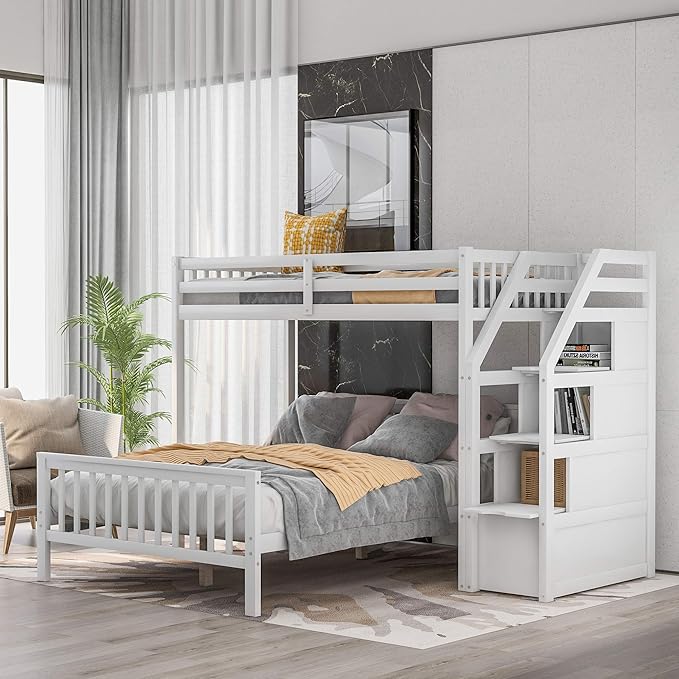 Twin Over Full Wood Loft Bed with Staircase,High Guardrails and Ladder-Handrails,Ladder W/ 3 Storage Grids,Bedroom Furniture for Children,Teens,Adults,White