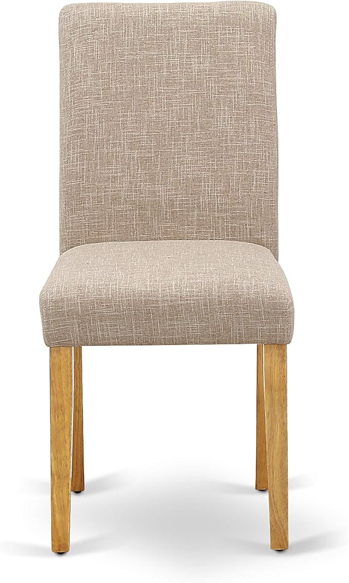 East West Furniture DMAB3-OAK-04 3 Piece Kitchen Table Set Contains a Round Dining Room Table with Dropleaf and 2 Light Tan Linen Fabric Parsons Dining Chairs, 42x42 Inch, Oak