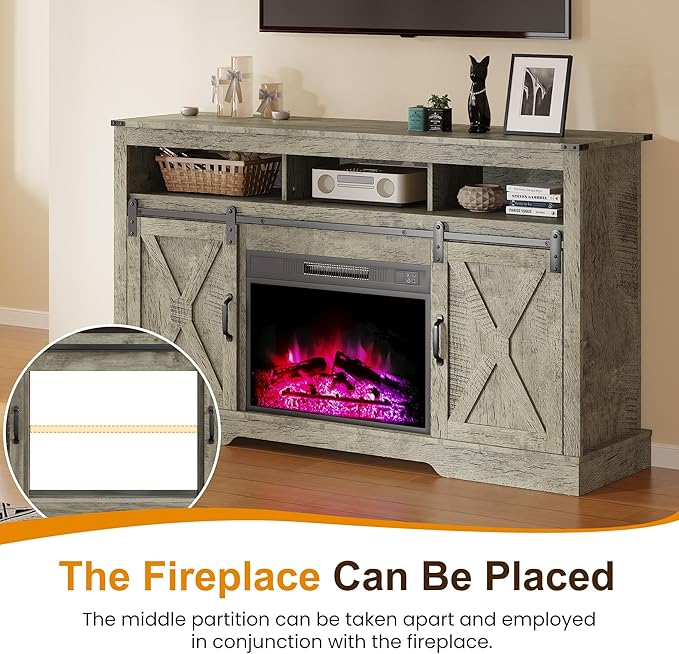 RoyalCraft Farmhouse TV Stand for 23" Electric Fireplace, 34'' Tall Entertainment Center for 65+ Inch TV, 34" Tall Rustic TV Console with Sliding Bar Door for Living Room (Light Grey)