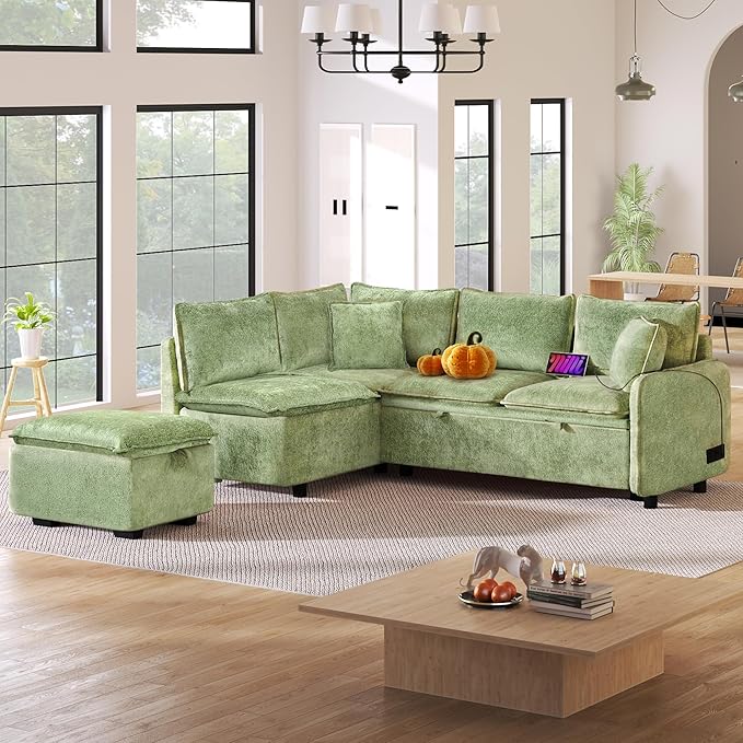 Ball & Cast 82.67" L-Shaped Sectional Pull Out Sofa with Two USB Ports,4-Seater Convertible Couch w/Power Sockets and Movable Storage Ottoman,for Living Room,Apartment,Green