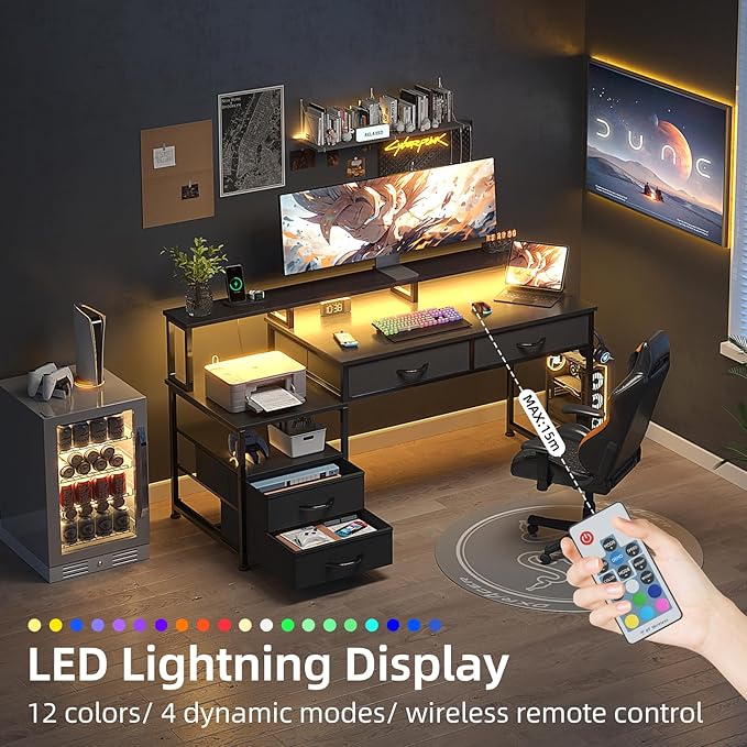 53" Computer Desk with 4 Drawers & Power Outlets, Reversible Home Office Desk with Monitor Stand & Printer Stand, Gaming Desk with Led Lights, Study Writing Work Desk Table for Bedroom (Black)