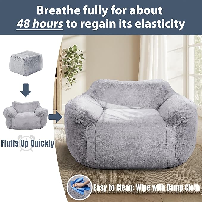 Large Bean Bag Chairs for Adults - Oversized Memory Foam Filled Bean Bag Sofa | Fluffy Adult Bean Bag Chair, Big Bean Bag Chairs for Living Room, Bedroom & Dorm - Gray