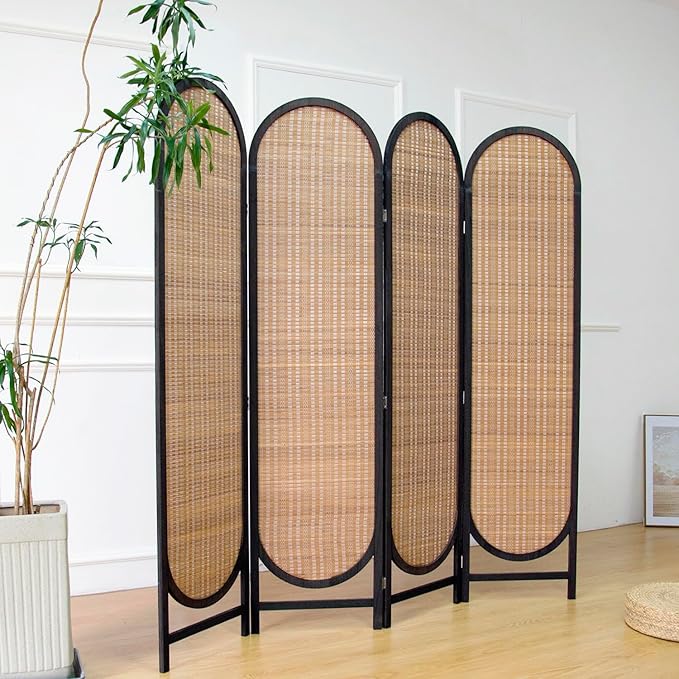 4 Panel Room Divider Screen and Folding Panel Divider in Arch Shape,Double Sided Bamboo Panel Screen for Room Separation,Brown,70.9" H x 70.9" W