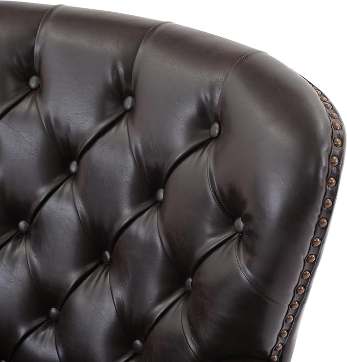 Ball & Cast Accent Chair,Mid-Century Lounge Living Room Chairs with Button Tufting,Upholstered Reading Accent Chair W/Solid Wood Legs and Curved Backrest,for Bedroom,Apartment,Dark Brown