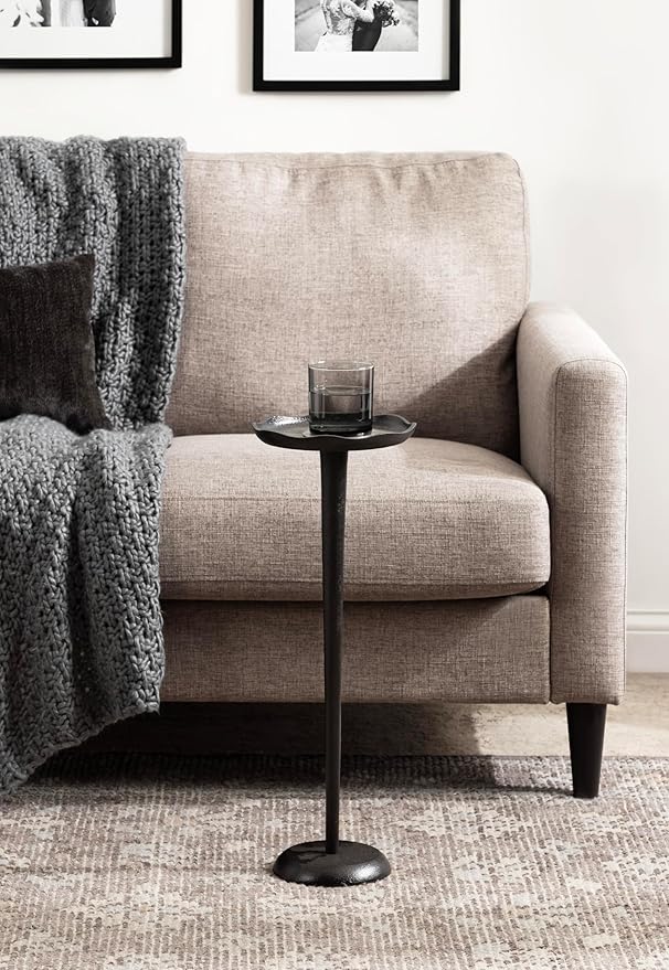 Kate and Laurel Alessia Modern Decorative Metal Drink Table; 8 x 8 x 22; Black; Round Cast Aluminum Pedestal Plant Stand with Rough Texture and Deckled Edge