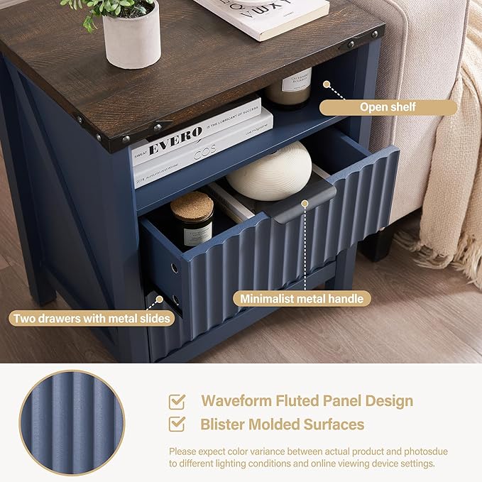 Navy Blue Nightstand with Charging Station - 20 Inch Wide Farmhouse Fluted Bedside Table with 2 Drawers, Modern Wood End Side Table for Bedroom Study Storage Home
