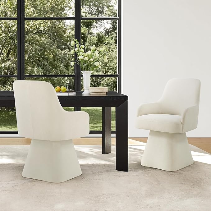 Swivel Dining Chairs Set of 2, Mid Century Modern Chairs Fabric Upholstered Armchair with Armrest & Ergonomic Backrest for Dining Room, Kitchen, Bedroom, Living Room, Beige, 2 Boxs