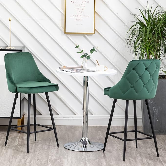 BTEXPERT Set of 2 Pack, Premium upholstered Dining 25" High Back Stool Bar Chairs, Green Velvet Tuftet Diamond Back