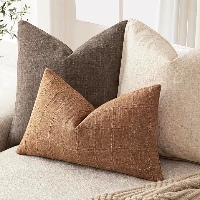 Foindtower Set of 2 Decorative Linen Check Throw Pillow Covers Neutral Farmhouse Lumbar Cushion Covers Modern Boho Home Decor for Sofa Chair Couch Bedroom Living Room Outdoor,12×20 Inch,Brick