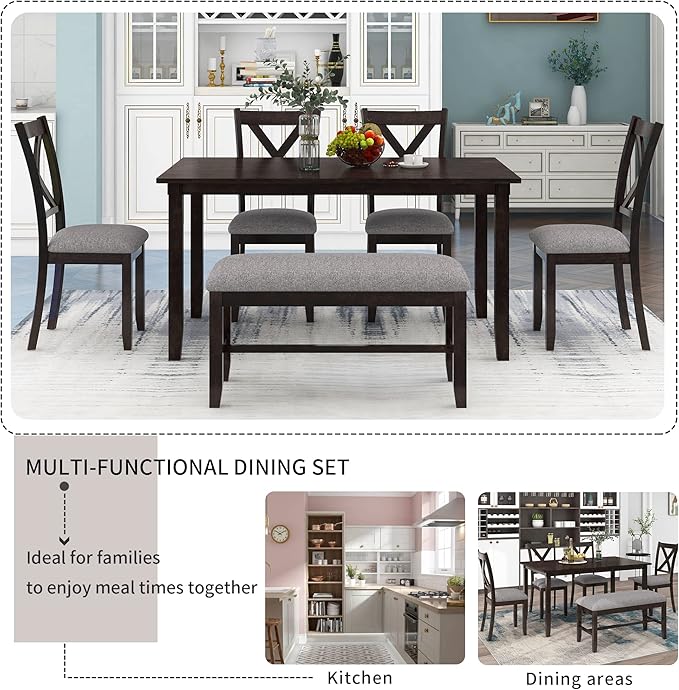 Ball & Cast 6 Piece Dining Table Set with 4 "X-Shaped Curved Backres Fabric Chairs & 1 Bench,Living Room Furniture W/ 60" Rectangle Kitchen Desk,for Restaurant,Home Bistro,Espresso