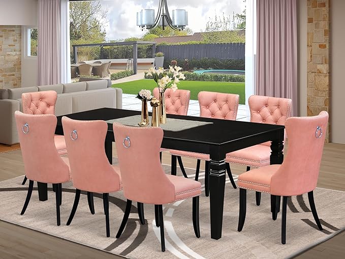 East West Furniture LGDA9-BLK-23 9 Piece Kitchen Set Consists of a Rectangle Dining Table with Butterfly Leaf and 8 Polyester Fabric Upholstered Chairs, 42x84 Inch, Black