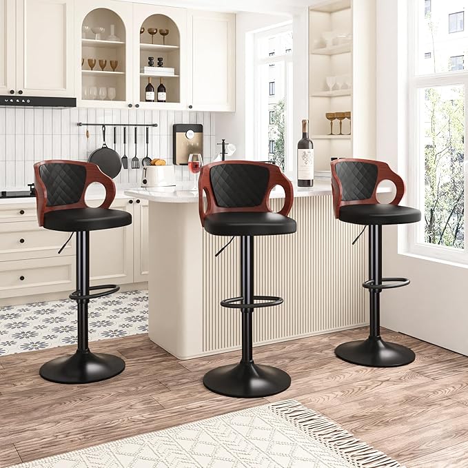 VECELO Bar Stools Set of 2,Adjustable Counter Height Stools with Bentwood Back,Armrest&Footrest,Swivel PU Leather Bar Chairs for Kitchen Island,Coffee Shop and Salon,Black,Quilted Elegance