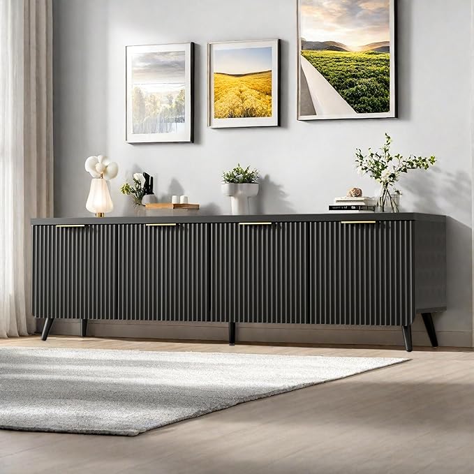 TV Stand for Up to 60" TVs, Modern Entertainment Center with 4 Cylindrical Stripe Doors, Media Console Table with Solid Wooden Legs, Modern TV Stand for Living Room, Bedroom, Black