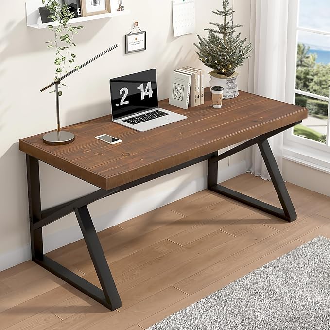 IBF Natural Real Wood Desk, Minimalist 47” Solid Wood Computer Desk, Rustic Desk for Home Office Writing Study, Vintage Industrial Wooden PC Gaming Workstation Computer Table, Brown, 47 Inch