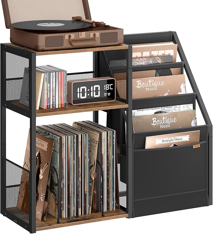 VASAGLE Record Player Stand, 3-Tier Side Table, Vinyl Record Storage up to 140 Albums, End Table for Living Room, Bedroom, Rustic Brown ULET276K01