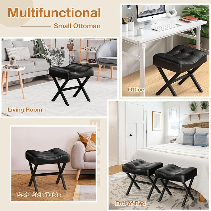 18-Inch Large Leather Vanity Stool, Vanity Chair with Metal X-Leg, Ottoman Foot Stool with Thick Padded Saddle Seat, Black